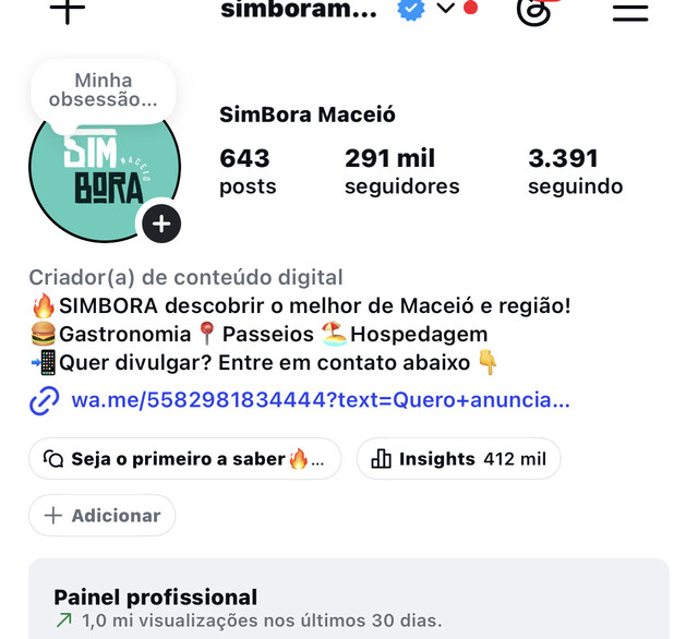 Perfil do @simboramaceio no Instagram: 291 mil seguidores e 1 milhão de visualizações em 30 dias